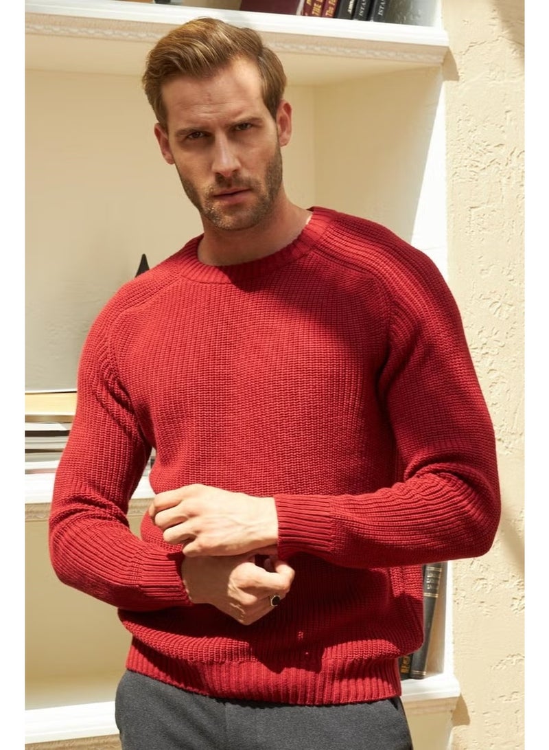 Odelon Crew Neck Selanik Knitted Cotton Men's Burgundy Knitwear Sweater - Image 2